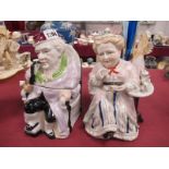A Pair of Victorian Tobacco Jars, modelled as and old lady and gentleman seated, (repair to base