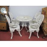 Five Piece Garden Patio Set, white painted metal. circular form table with matching chairs. (5)