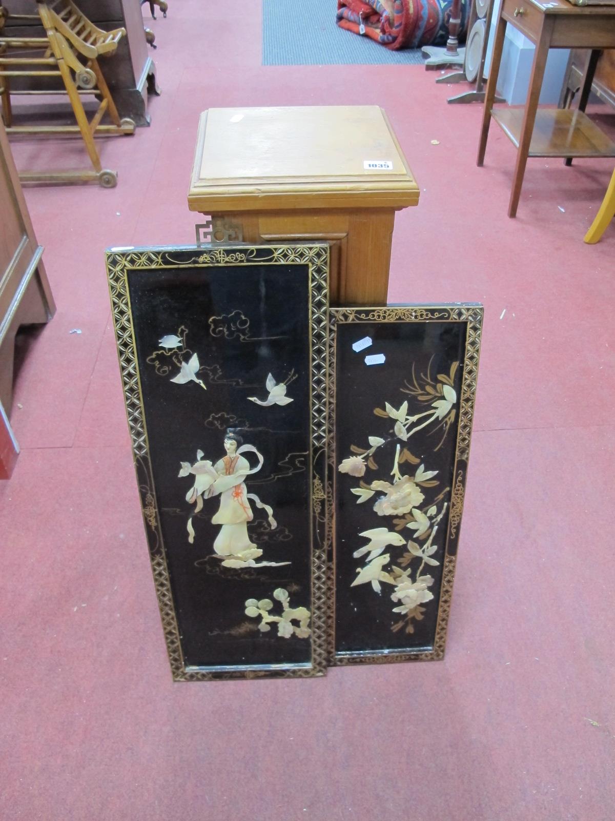 Pine Pedestal 73cm high, two lacquered Oriental panels. (3)