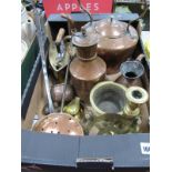 A XIX Century Copper Kettle, brass trivet, XIX Century copper jug, XIX Century brass iron, etc:- One