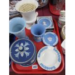 Tunstall Jasper Ware Tobacco Jar, Wedgwood Jasper and other ceramics:- One Tray