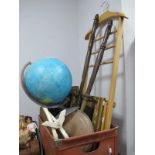 Globe Lamp by Rico, mirror, prints, warming pans, valet, darts, etc:- One Box