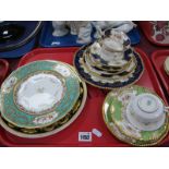 Coalport Green Gilt and Floral Trio, seven other pieces in cobalt blue, Copeland hand painted