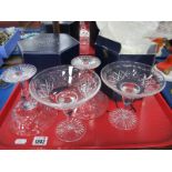 Six Stuart Crystal Pedestal Sundae Glasses, two of which are unopened boxes.