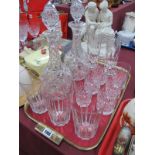 A Pair of Ovoid Bodied Decanters, pair of late XIX Century vine etched drinking glasses, etc:- One
