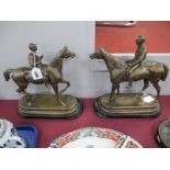 After C. Valton, Pair of Bronzed Spelter Figures, each as a racehorse with jockey, on oval plinth