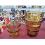 Two Whitefriars Bucket Shaped Gold Amber Glass Vases, with internal horizontal optic ribbing, 0cm