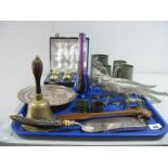 A Cased Set of Brass Tots, pewter mugs, a crumb scoop, a brass bell, a two colour glass vase of