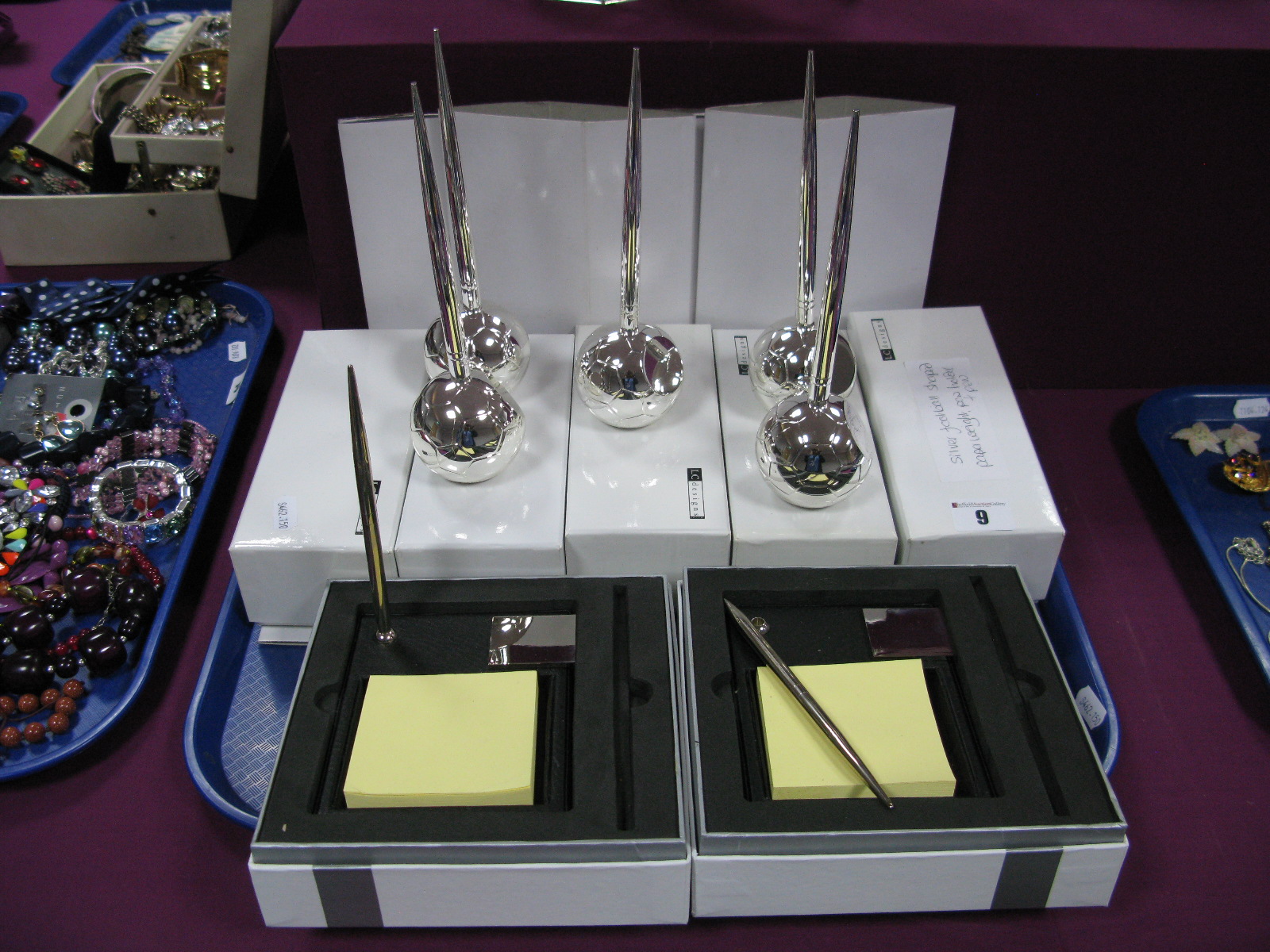 Novelty Football Desk Paperweights/Pen Holder, boxed; two post it note holders/pens:- One Tray