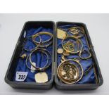 A Vintage Box Containing Assorted Gilt Metal and Other Bangles and Lockets, etc, including "18K R.