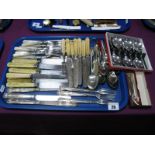 Assorted Plated Cutlery, including XIX Century knives and forks with carved handles, boxed spoons,