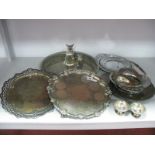 Two Plated Fox Head Stirrup Cups, (8cm and 13.5cm high) plated salvers, pair of salts, etc.