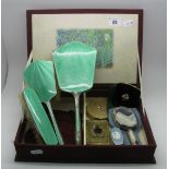 A Matched Hallmarked Silver and Green Enamel Three Piece Dressing Table Set, (damages/enamel