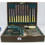 A Vintage Wooden Cased Canteen of Walker & Hall Old English Pattern Cutlery, case 38.4cm wide.