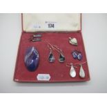 A Pair of Modern Blue John Panel Drop Earrings, collet set, stamped "SIL"; together with a modern