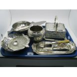 A Sardine Dish on Plated Stand, a mother of pearl handled sardine fork, a hallmarked silver