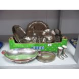 Assorted Plated Ware, including plated trays, dishes, egg cups, XIX Century oval teapot/bottle