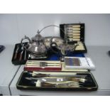 Assorted Plated Ware, including three piece meat carving sets, boxed knives, fish servers, tea pots,