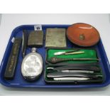 A Hallmarked Silver Cigarette Case, initialled, a decorative butterfly dish, cutthroat razors,