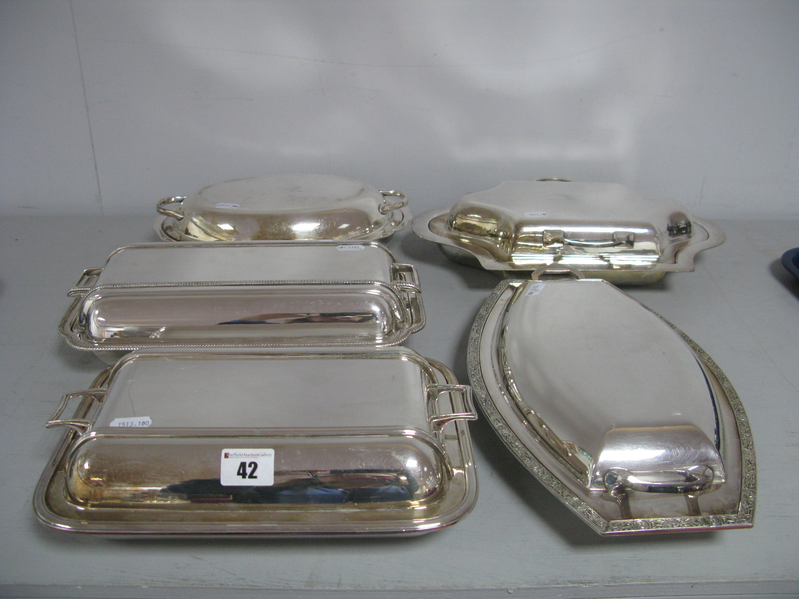 Five Assorted Plated Entree Dishes, including James Dixon, VLd, LR.S EPNS, FC&Co, etc. (5)