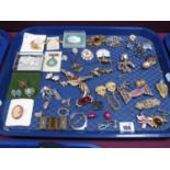 Assorted Costume Brooches, waist buckles, hat pins, clip earrings, mother of pearl etc:- One Tray