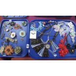 Assorted Costume Brooches, leather flower brooches, modern flower necklaces, bracelet, etc:- Two