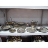 Assorted Plated Ware, including circular salvers, teapot stand (lacking one foot) swing handled