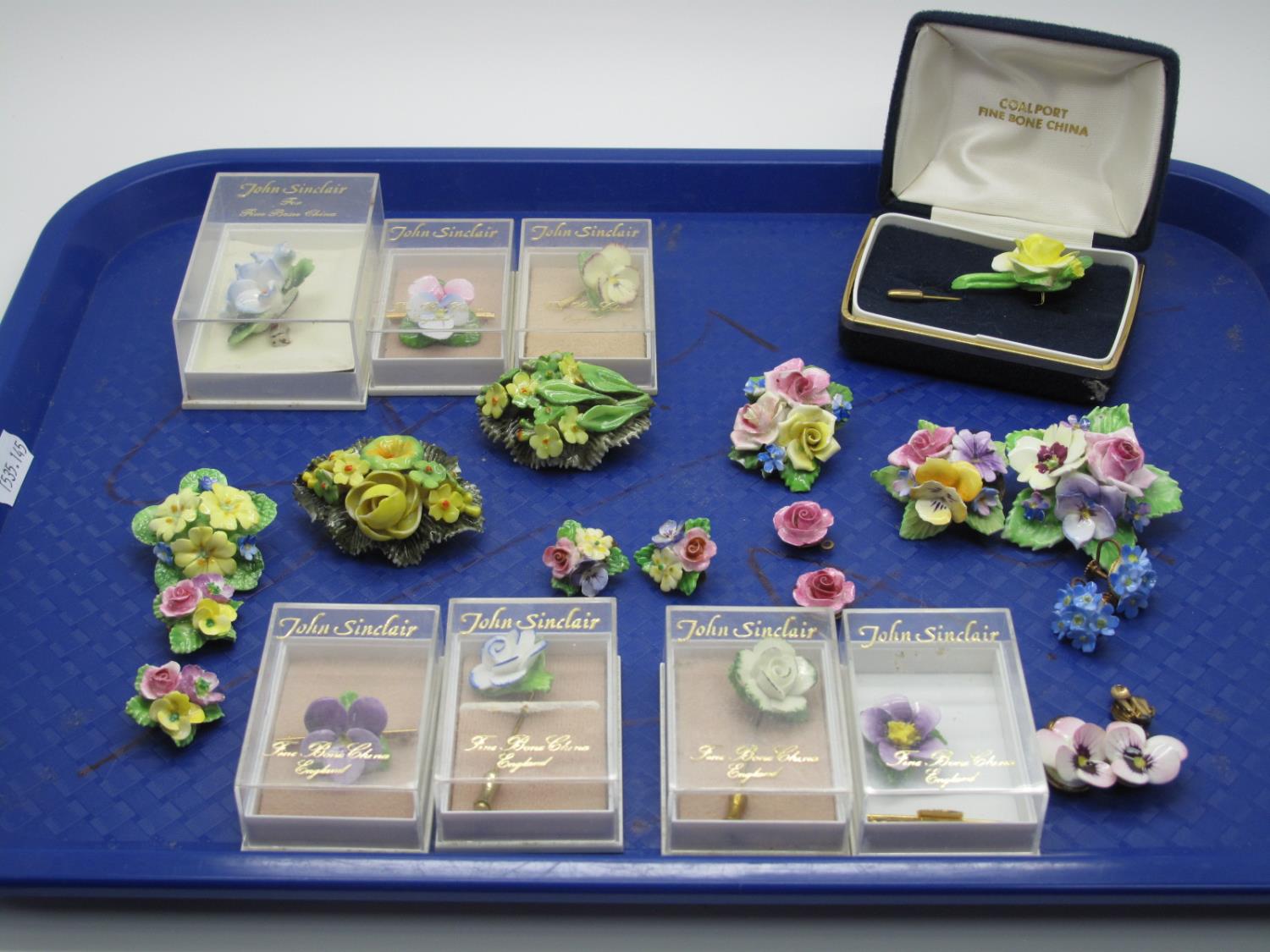 Ceramic Flower Brooches and Clip Earrings:- One Tray