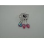Swarovski; A Pair of Modern Pink Heart Drop Earrings, on chain suspensions, overall length 5cm;
