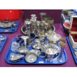 Assorted Plated Goblets, circular tray, spill vases, thistle dish, glass lined jug and sugar bowl,