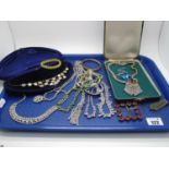 Vintage Diamante Necklaces, pink buckle, blue bangle, graduated necklace in a fitted case, foil bead