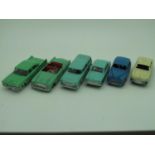 Six c.1950's Dinky Cars, including No 166 Sunbeam Rapier, turquoise over blue, all playworn, fair