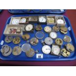 Pocketwatch Dials, movements, etc (spares/repairs):- One Tray