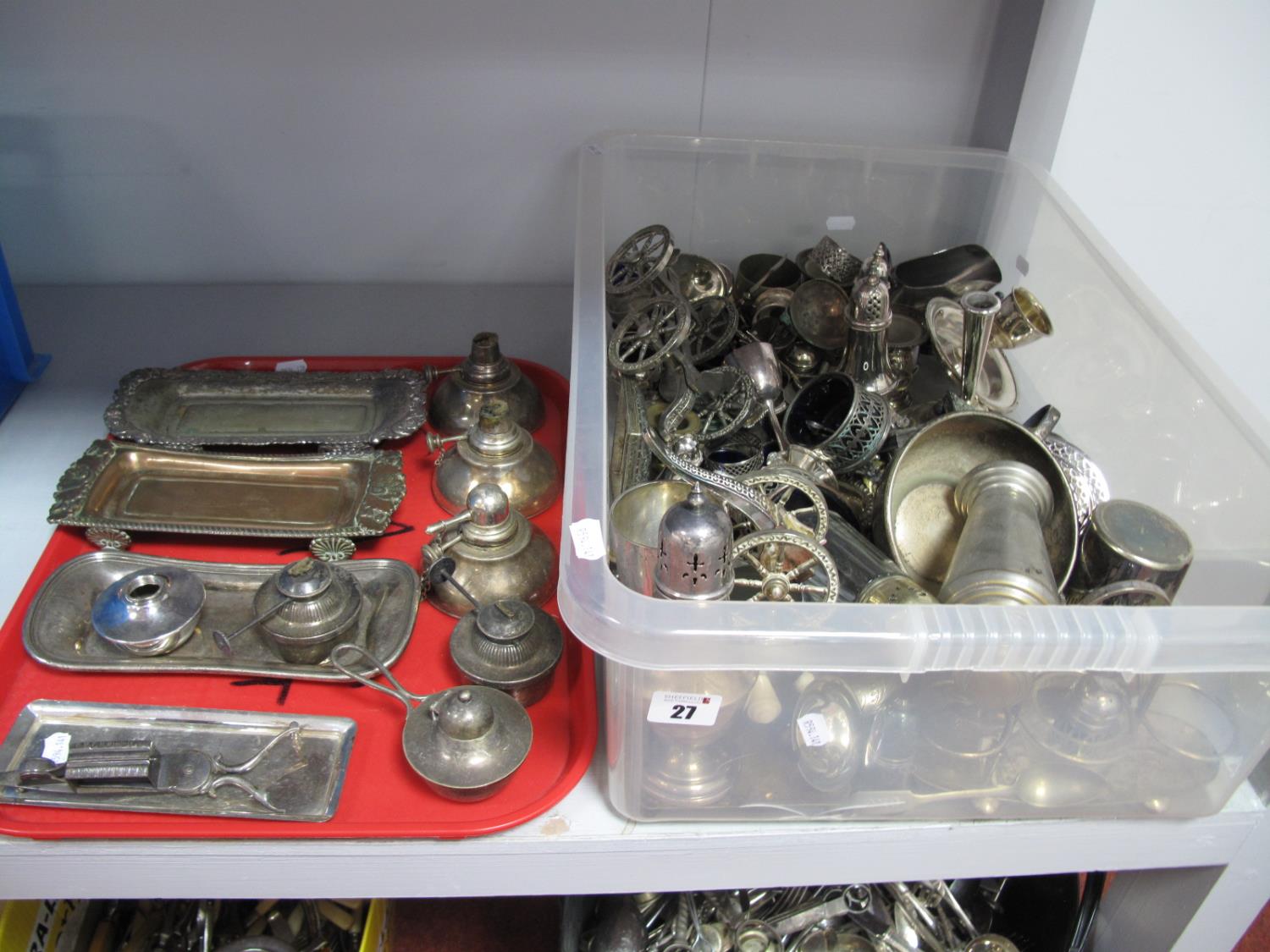 Assorted Plated Ware, including snuffer trays, burners, condiment/cruet items, egg cups, sugar