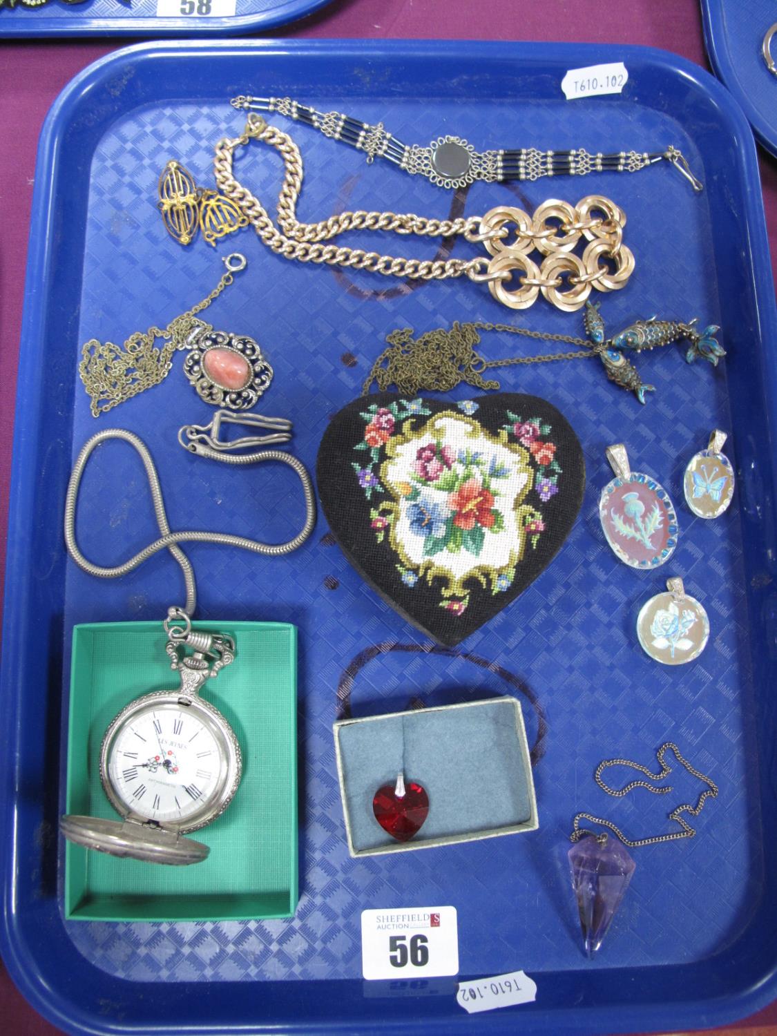 A Modern Hunter Cased Pocketwatch, needlepoint trinket pot, enamel articulated fish pendant,