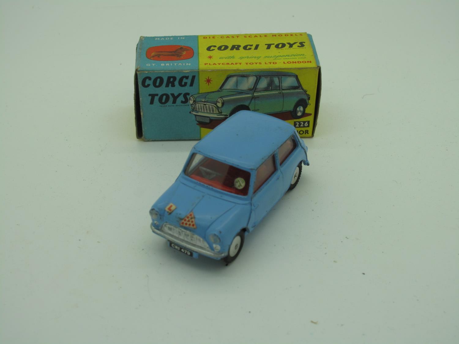 Corgi Toys No 226 Mini Minor, in light blue, overall good plus, chipping to raised edges, paper