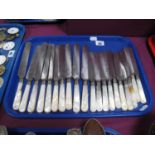 Two Sets of Ten Hill Bristol XIX Century Mother of Pearl Handled Table and Dessert Knives, (