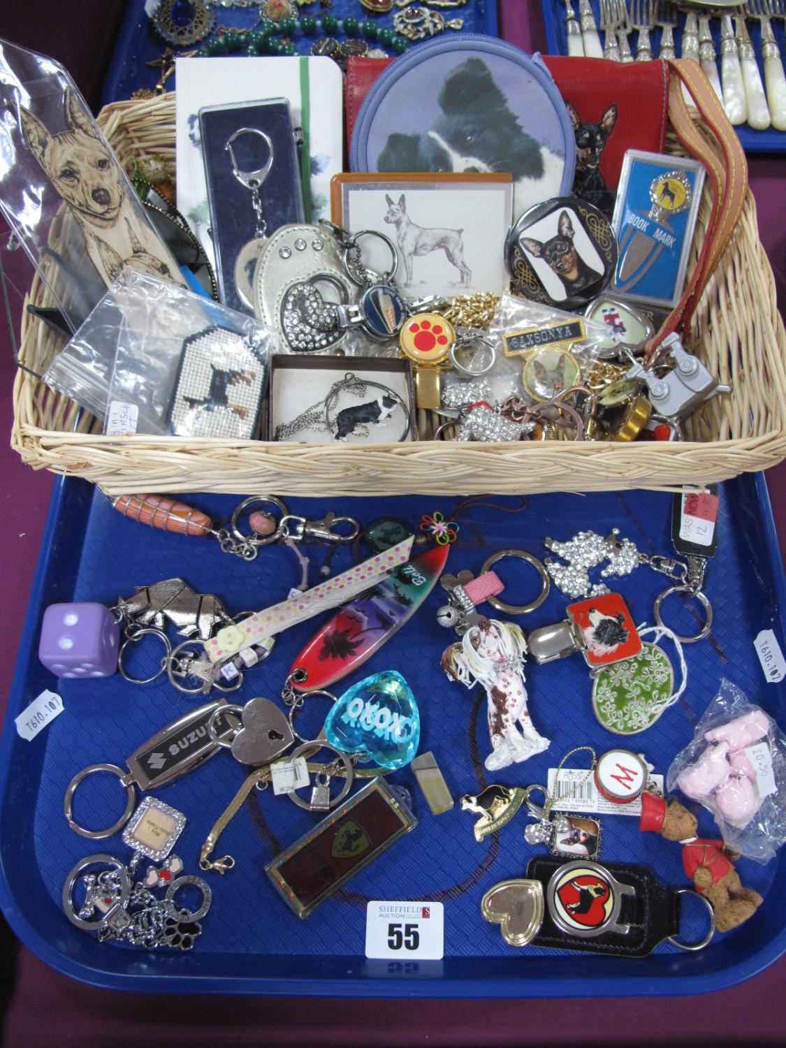 Border Collie and Other Dog Related Items, including key rings, hand painted pendant, badge, etc,