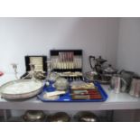 A Mixed Lot of Assorted Plated Ware, including four piece tea set, pewter mugs, twin branch dwarf