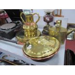 Brass Dinner Gong, with iron and copper wall bracket, vase, watering can, warming pan.