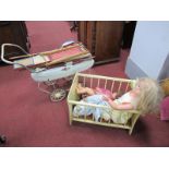Two Dolls, pram, cot, Casdon sweeper, ironing board, deck chair and iron.