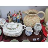 An Adams 'Country Meadow' Tureen, pottery jug, Continental pottery figures of soldiers, etc:- One