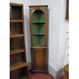 Walnut Freestanding Slender Corner Cupboard, with arched inset to openwork shelved upper section,