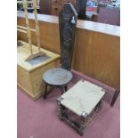 Oak Spinning Chair, having bird carving, 101.5cm high; oak stool on bobbin supports. (2)