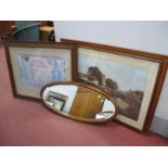 Tapestry Print in XIX Century Oak Frame, 83 x 103cm overall; larger print, oval wall mirror. (3)