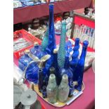 Blue Glass Flagons, claret jug, dimpled bottles, various bottles with marble stoppers etc:- One