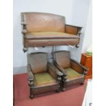 1920's Oak Leather Three Piece Suite, with shaped arms, cup cover supports.