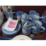 Seven Wedgwood Powder Blue Jasper Ware Tankards, relating to London landmarks, four Christmas