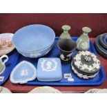 Wedgwood Jasperware Bowl, trinket pots, pair vases etc, various colours:- One Tray