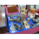 'Sheffield Wolf Safety Lamp', brass candlesticks Sutcliffe scales, horse brasses, etc:-One Tray